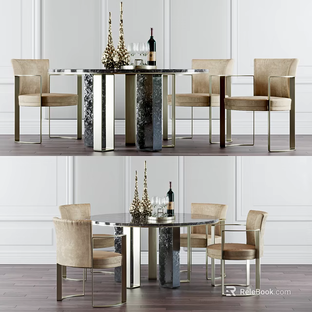 Modern Round Dining Table Set With Beige Chairs Metal Frame And Table Decorations 3d model