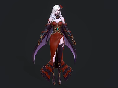 Elegant Female Character With White Long Hair Red Dress And Purple Cape In Dark Background 3d model