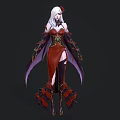 Elegant Female Character With White Long Hair Red Dress And Purple Cape In Dark Background