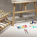 Art Supplies Setup with Wooden Easel Painting Brushes Paints Palette and Water Bucket