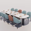 Marble Rectangular Dining Table Set With Light Blue And Brown Chairs And Dinnerware 3d model