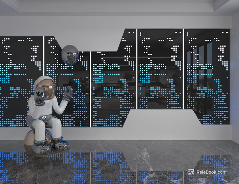Black Background Wall With Blue Pixel Pattern And Astronaut Figure Holding Silver Balloon 3d model 