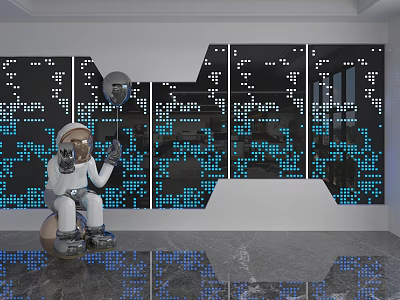 Black Background Wall With Blue Pixel Pattern And Astronaut Figure Holding Silver Balloon 3d model