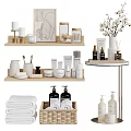 Modern Bathroom Storage With Wooden Shelves Towels Basket Candles And Scented Items
