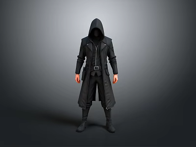 Detailed Black Hooded Robe Costume With Leather Zipper Belt And Long Boots 3d model
