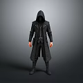 Detailed Black Hooded Robe Costume With Leather Zipper Belt And Long Boots