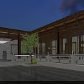 Traditional Chinese Garden Landscape With Wooden Structure Glass Windows And Green Plants In Dining Area