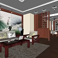 Traditional Chinese Private Room With Mahogany Furniture Blue And White Vases And Round Pendant Light