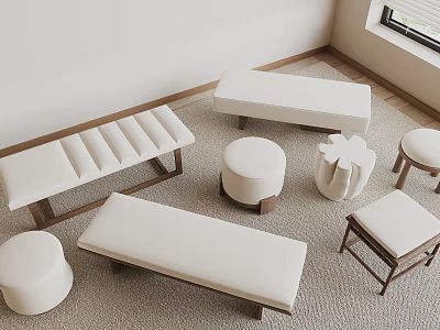 Various Indoor Stools Including Benches Round And Square With White Cushions And Wooden Frames 3d model