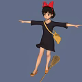 Little Girl Flying On Broomstick With Red Bow And Yellow Bag In Blue Sky