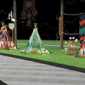 Outdoor Decorative Setup With Colorful Teepees Flags Palm Trees And String Lights 3d model