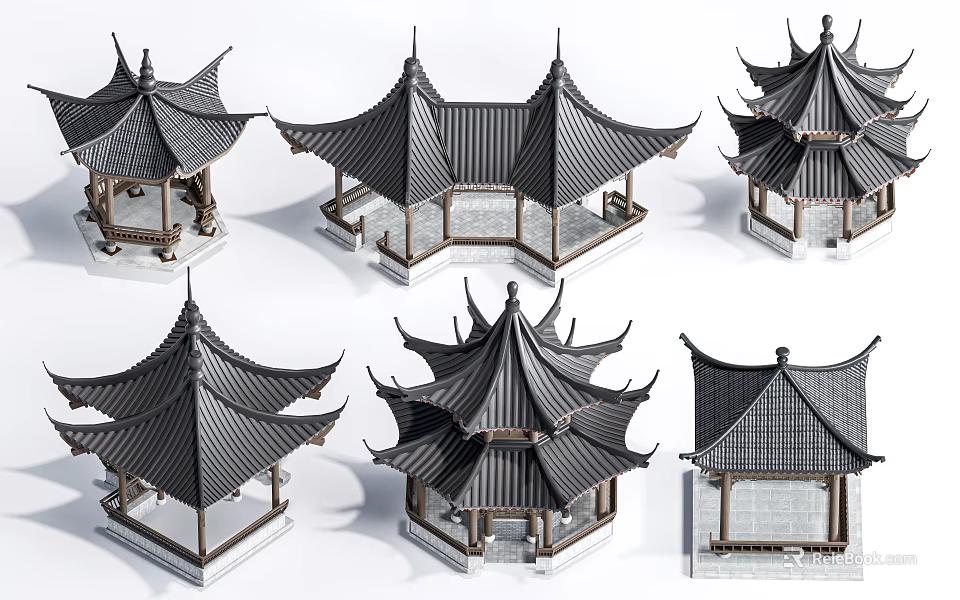 Various Traditional Chinese Pagoda Pavilions with Classic Ornate Roof Structures 3d model 