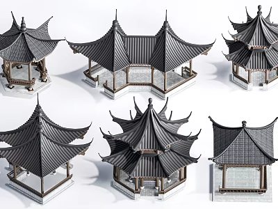 Various Traditional Chinese Pagoda Pavilions with Classic Ornate Roof Structures 3d model