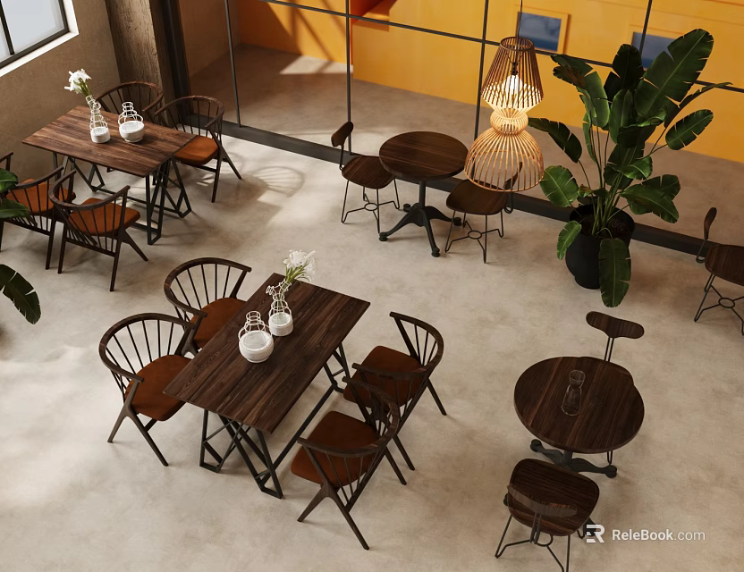 Modern Café Interior With Wooden Tables Chairs Green Plants And Hanging Pendant Lights 3d model 