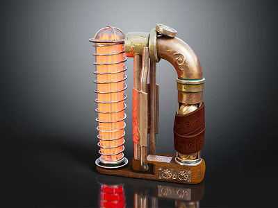 Steampunk Mechanical Ornament With Brass Structure Transparent Cylinder Leather Wrapped Section And Carved Wooden Base 3d model