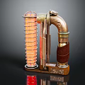 Steampunk Mechanical Ornament With Brass Structure Transparent Cylinder Leather Wrapped Section And Carved Wooden Base