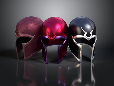 Three Metallic Helmets In Crimson Red And Black With Ornate Designs 3d model