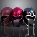 Three Metallic Helmets In Crimson Red And Black With Ornate Designs