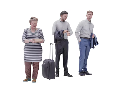 Group of people with luggage adjusting clothes and holding coats 3d model