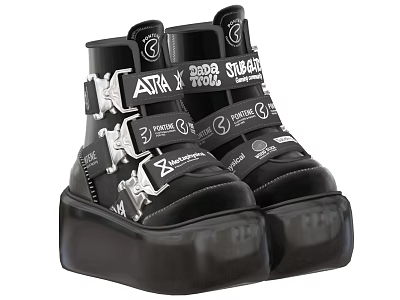 Black High Top Shoes With Metallic Buckles Text Prints And Thick Sole Trendy Street Style 3d model