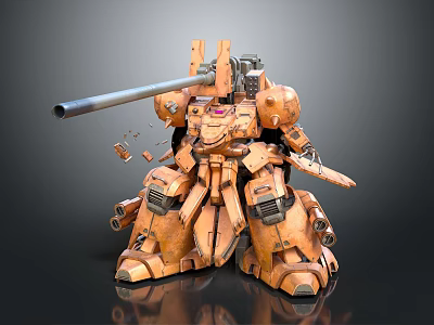 Orange Mech Warrior 3D Model With Large Cannon And Broken Mechanical Parts 3d model