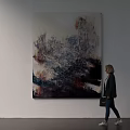 Abstract Painting With Blue Red Black Tones And Textured Layers On White Wall