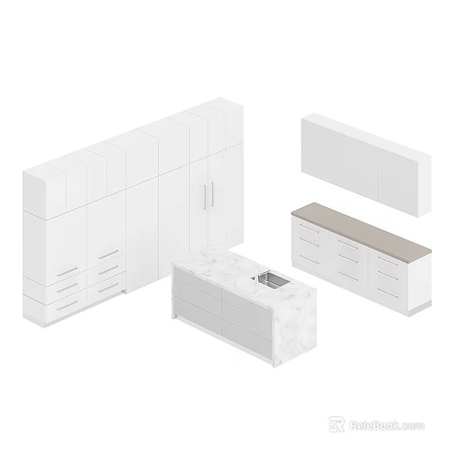 Modern White Kitchen Cabinets With Wall Units Base Storage And Marble Island 3d model 