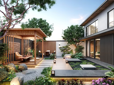 Modern Garden With Wooden Pavilion Stone Paved Path And Lush Green Plants 3d model