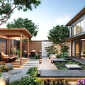 Modern Garden With Wooden Pavilion Stone Paved Path And Lush Green Plants