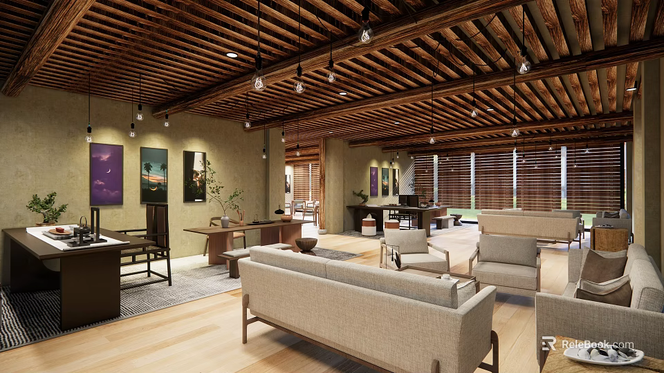 Cozy Modern Interior Space With Wooden Ceiling Hanging Lights Decorative Paintings Sofa Chairs And Flooring 3d model 