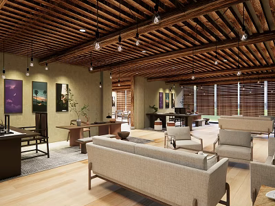 Cozy Modern Interior Space With Wooden Ceiling Hanging Lights Decorative Paintings Sofa Chairs And Flooring 3d model