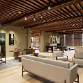 Cozy Modern Interior Space With Wooden Ceiling Hanging Lights Decorative Paintings Sofa Chairs And Flooring