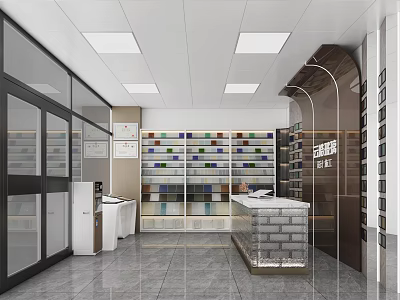 Modern Specialty Store Interior With Shelves Full Of Products And Display Counter 3d model