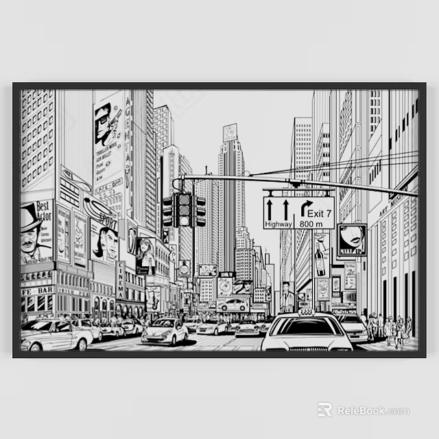 Black and White Urban Street Scene Landscape Painting With Tall Buildings Traffic Lights and Cars 3d model 