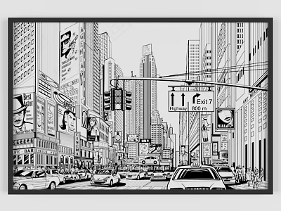 Black and White Urban Street Scene Landscape Painting With Tall Buildings Traffic Lights and Cars 3d model