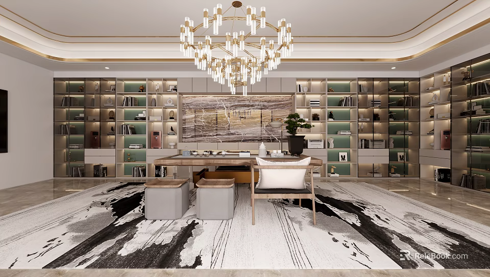 Modern Office Interior With Built-in Bookshelves Spacious Table Chandelier Potted Plant And Decorative Rug 3d model 