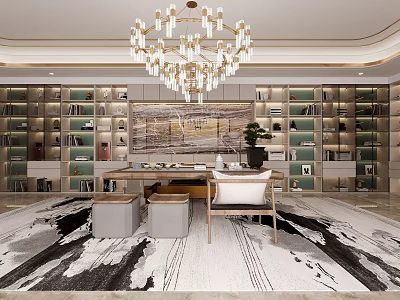 Modern Office Interior With Built-in Bookshelves Spacious Table Chandelier Potted Plant And Decorative Rug 3d model