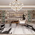 Modern Office Interior With Built-in Bookshelves Spacious Table Chandelier Potted Plant And Decorative Rug