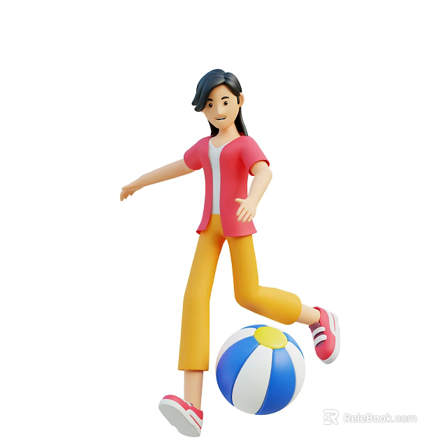 Woman in Red Top Yellow Pants and Red Shoes Kicking Blue White Yellow Beach Ball 3d model 
