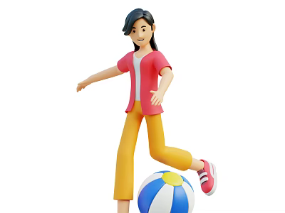 Woman in Red Top Yellow Pants and Red Shoes Kicking Blue White Yellow Beach Ball 3d model