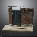 Red Brick Wall Structure With Green Metal Gate Top Railing And Concrete Steps