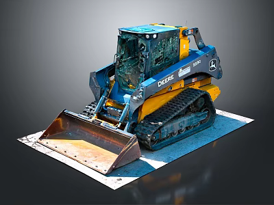 Blue And Yellow Track Loader With Front Bucket And Tracks On Platform 3d model