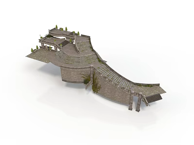 Landscape Stone Structure With Curved Terrace Steps And Green Plants Design 3d model