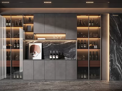 Elegant Modern Wine Cabinet With Glass Doors Built-in Lighting And Marble Accents 3d model