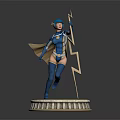 Blue Helmeted Female Superhero Standing On Circular Stone Pedestal With Lightning Weapon And Gold Symbol