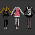 Three Mannequins Displaying Different Style Costumes In Yellow Pink And Black