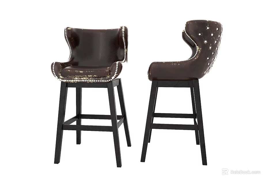 Stylish Brown Leather Bar Stools With Stud Details And Black Legs 3d model 