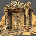 Egyptian Style Ancient Door With Golden Carvings Lion Headed Statues And Pyramid Bricks