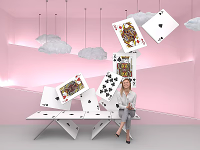 Pink Themed Instagrammable Photo Spot with Floating Playing Cards Cloud Decorations and Card Shaped Bench 3d model