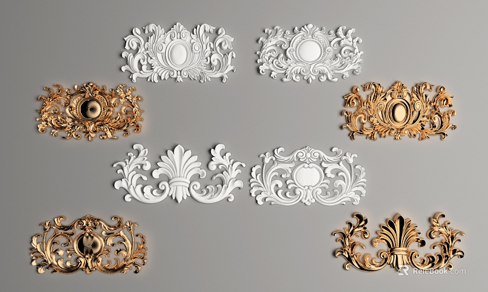 Exquisite Carved Ornaments With Gold And White Classical Patterns For Home Decorative Design 3d model 